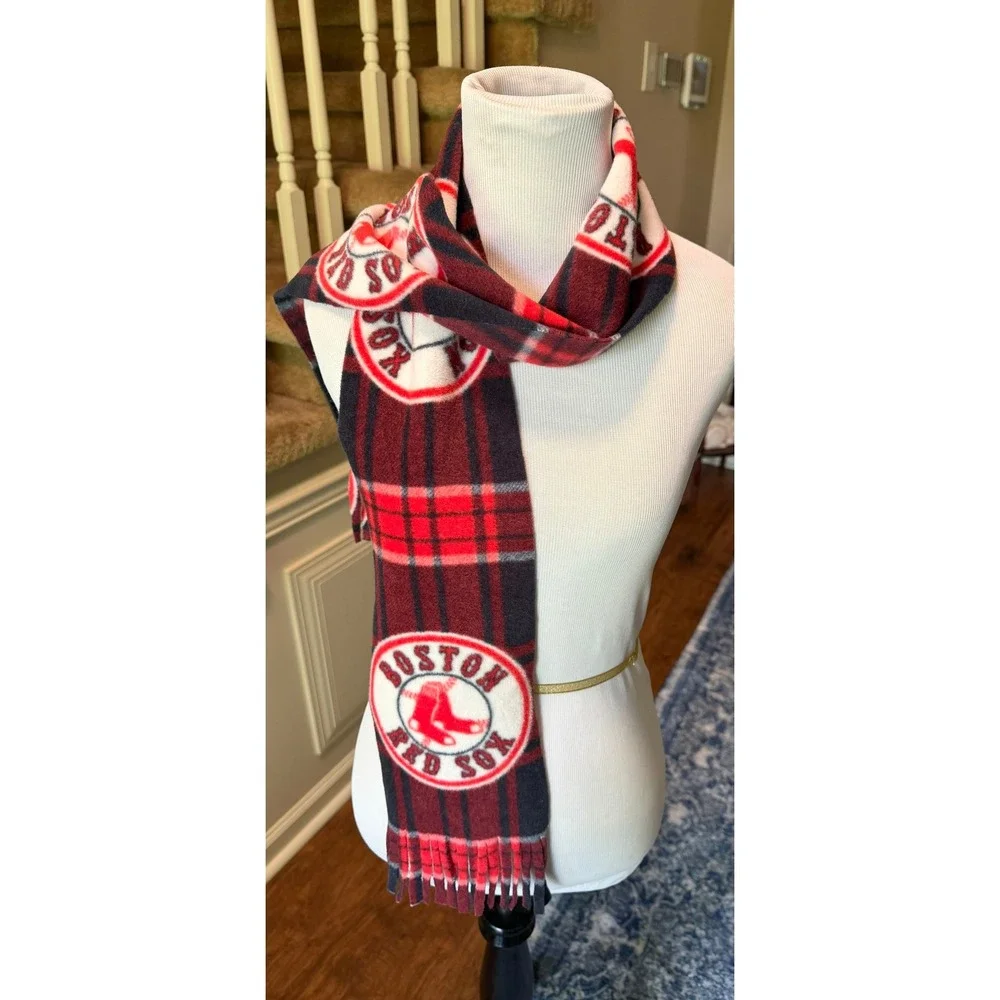 Boston Red Sox MLB Fleece Scarf Red Navy Blue Plaid Logo Fringe Fan Gear